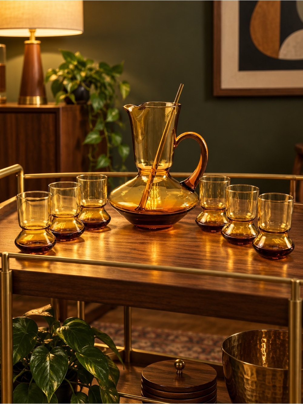 70s Amber glass cocktail barware Mid-Century Modern drinkware 8 piece set